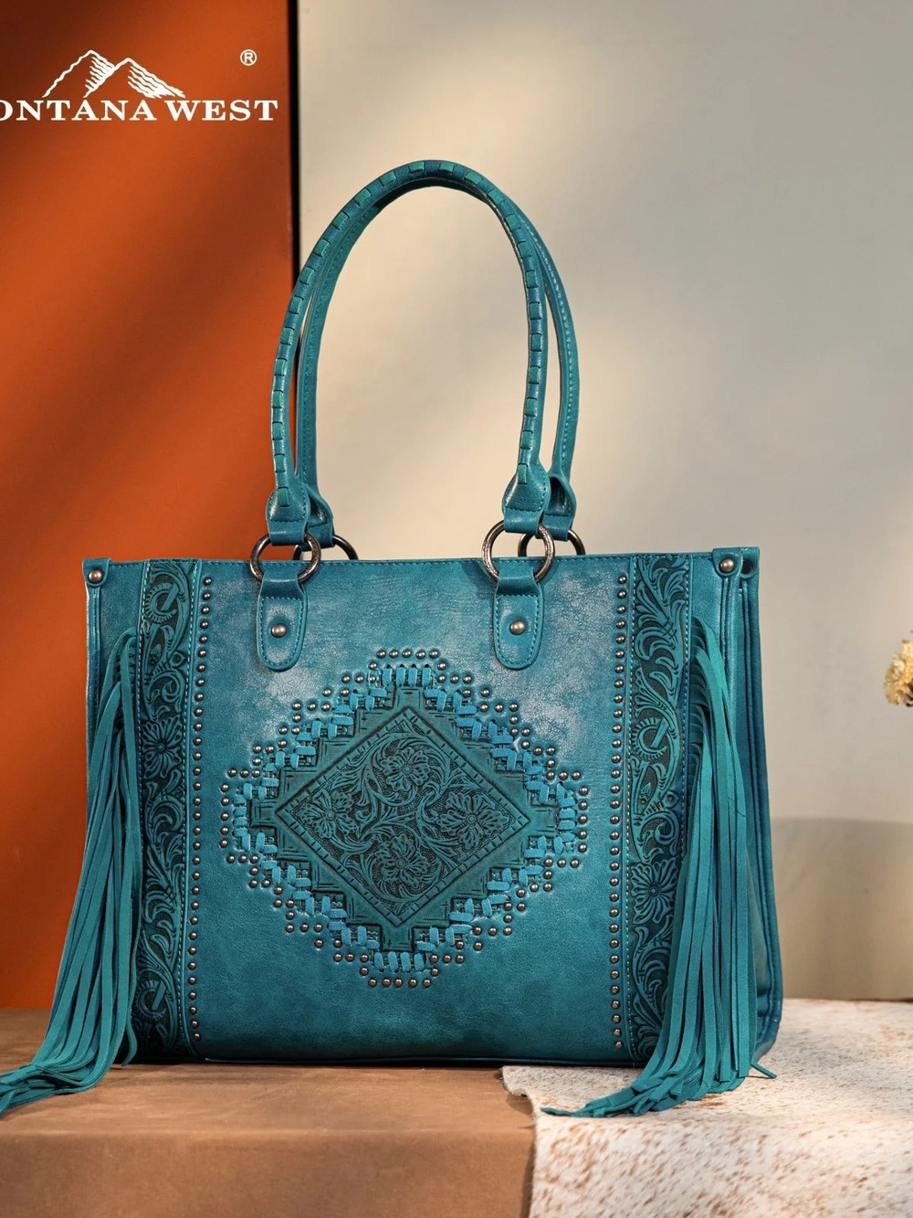 Montana West Teal Floral Tooled Leather Fringe Conceal Carry Tote Bag